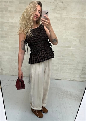 Yarn dyed check smocked tie string top Cappuccino A1040421 Ganni 